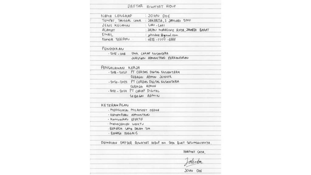 7 Contoh CV Tulis Tangan yang Baik dan Benar + Template Siap Tiru